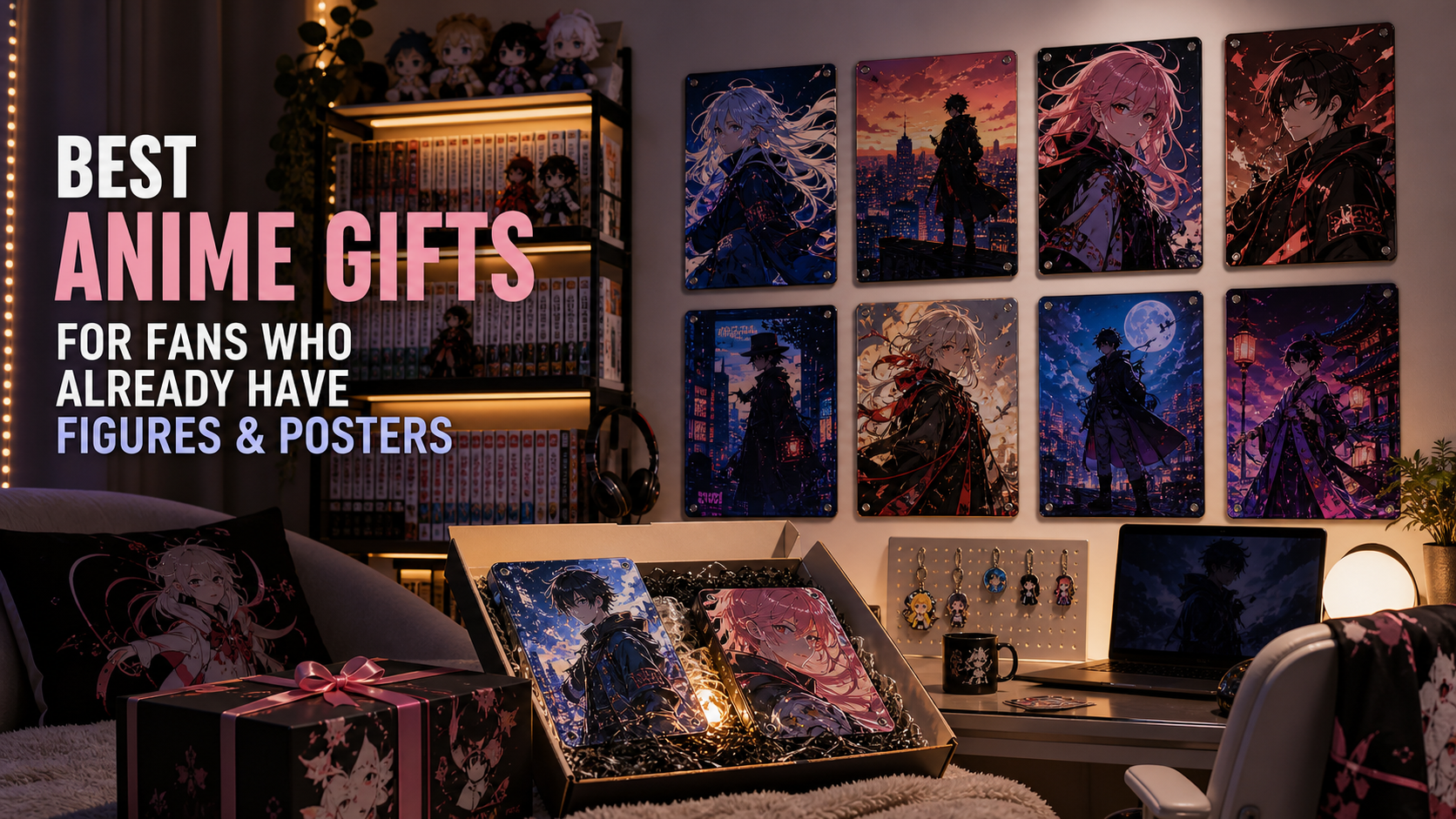 anime gift guide with metal tin signs, otaku room decor, manga shelf, and gift box